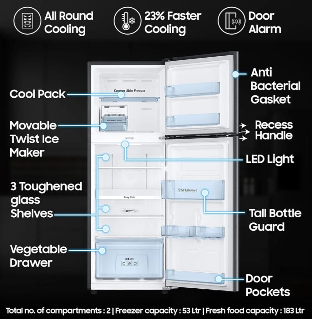 Samsung 236 L, 3 Star, Convertible, Digital Inverter with Display Frost Free Double Door Refrigerator (RT28C3733S8/HL, Silver, Elegant Inox)