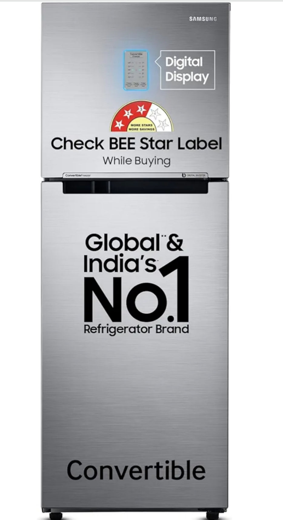 Samsung 236 L, 3 Star, Convertible, Digital Inverter with Display Frost Free Double Door Refrigerator (RT28C3733S8/HL, Silver, Elegant Inox)