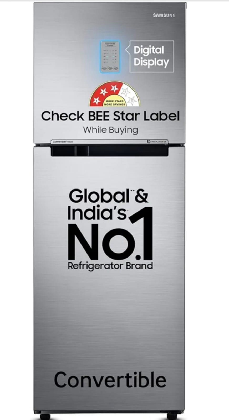 Samsung 236 L, 3 Star, Convertible, Digital Inverter with Display Frost Free Double Door Refrigerator (RT28C3733S8/HL, Silver, Elegant Inox)