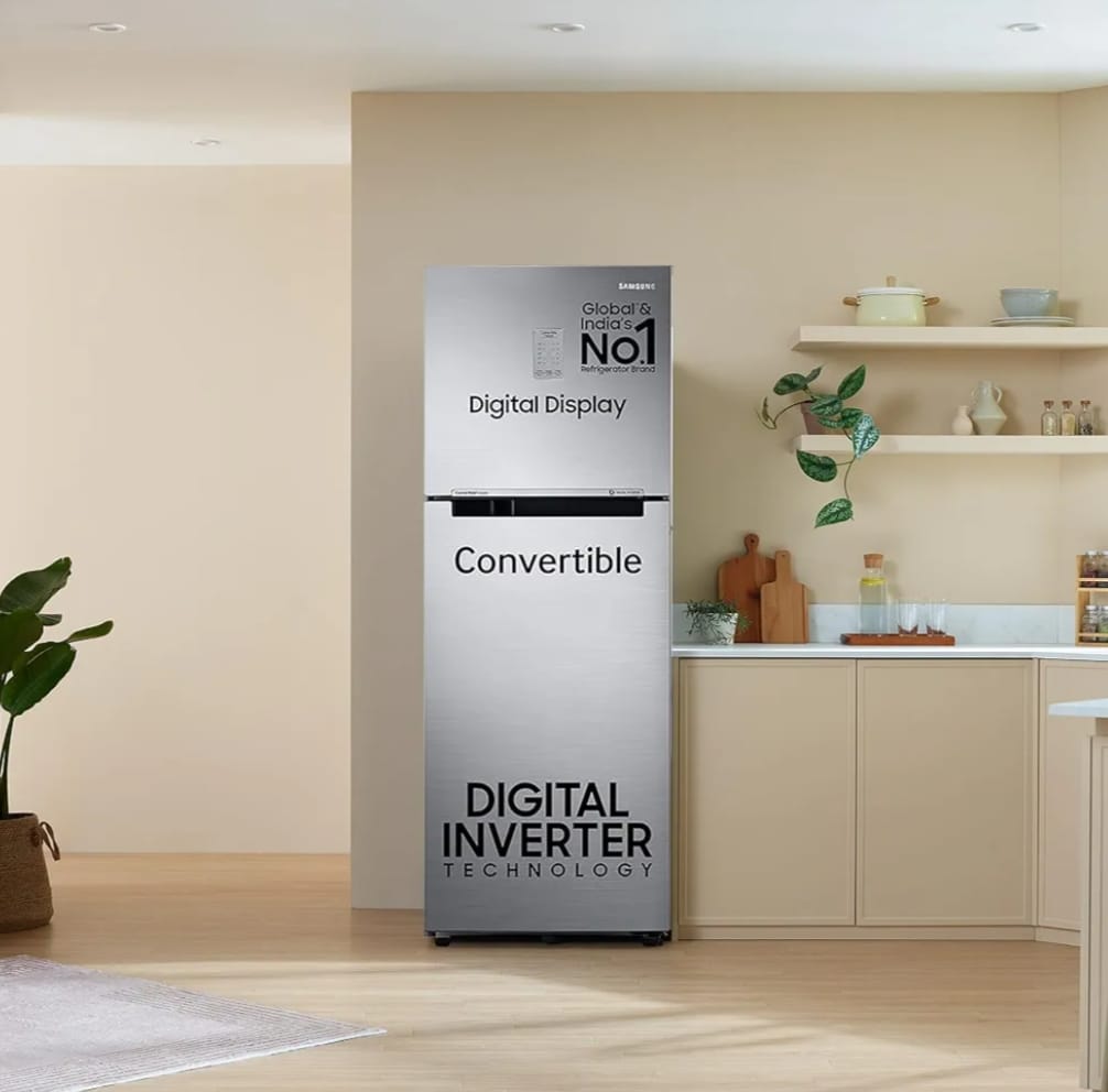 Samsung 236 L, 3 Star, Convertible, Digital Inverter with Display Frost Free Double Door Refrigerator (RT28C3733S8/HL, Silver, Elegant Inox)