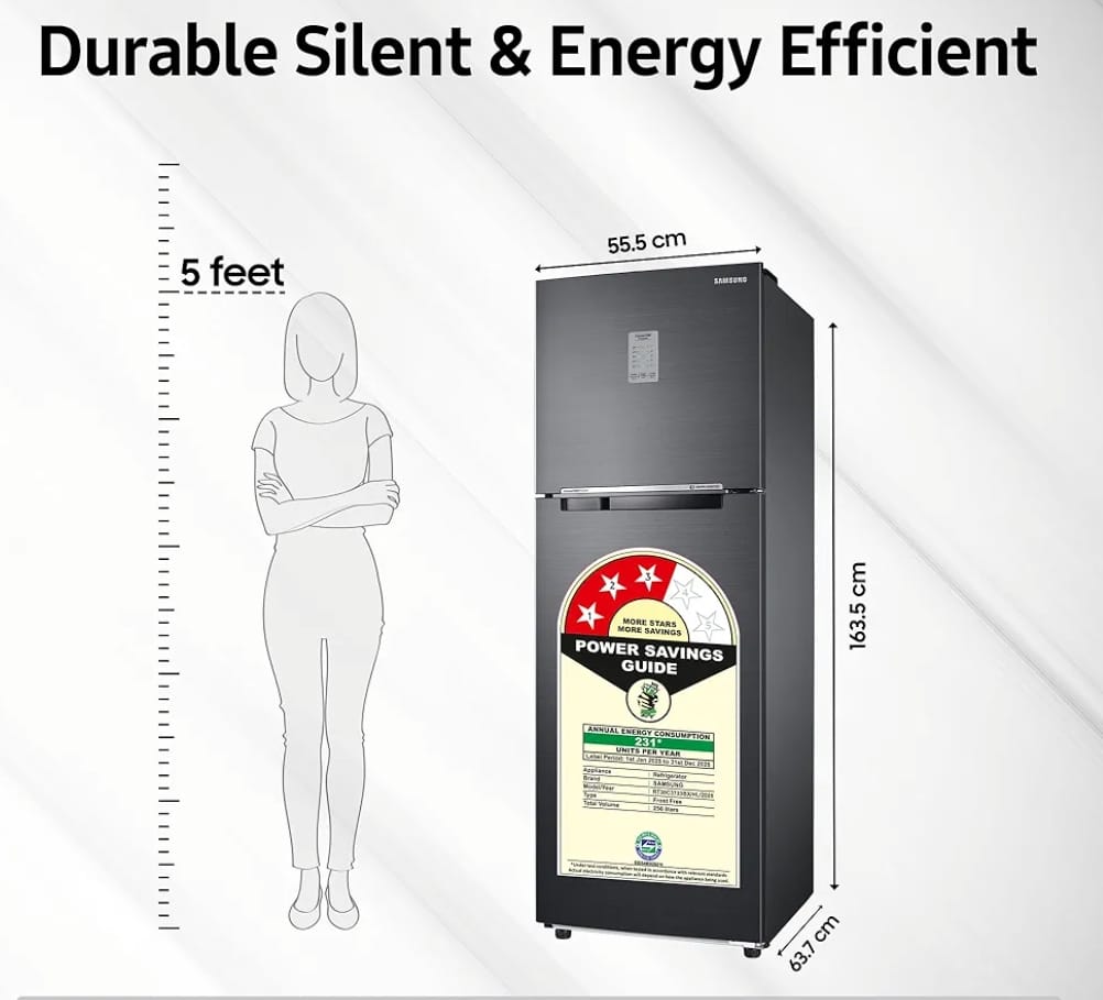Samsung 236 L, 3 Star, Convertible, Digital Inverter with Display Frost Free Double Door Refrigerator (RT28C3733S8/HL, Silver, Elegant Inox)