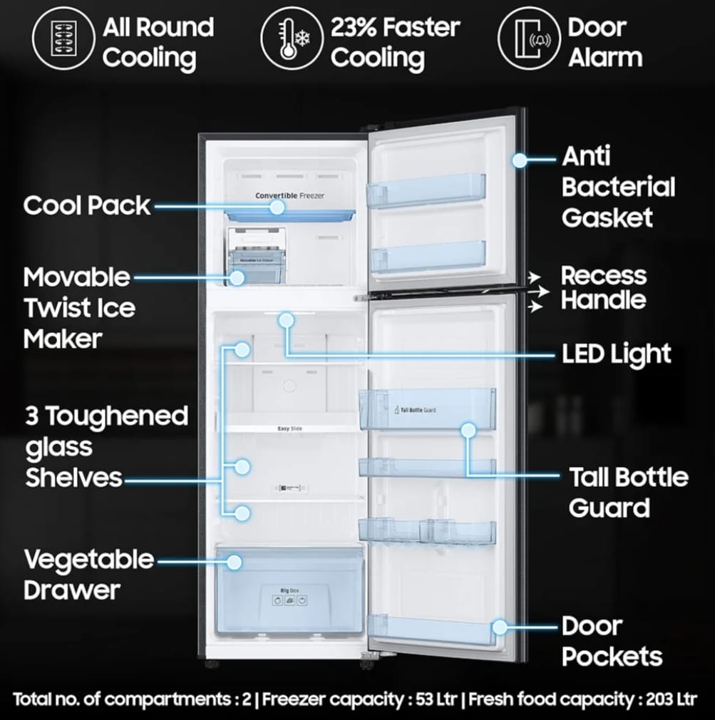 Samsung 236 L, 3 Star, Convertible, Digital Inverter with Display Frost Free Double Door Refrigerator (RT28C3733S8/HL, Silver, Elegant Inox)